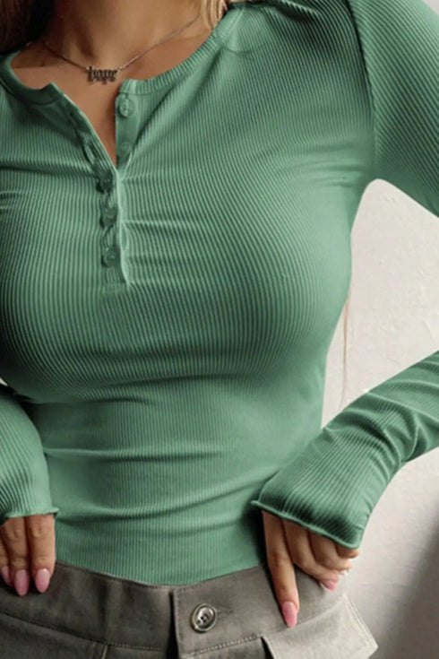 'Elara' Ribbed Half Button Long Sleeve Shirt - Celes Fashion